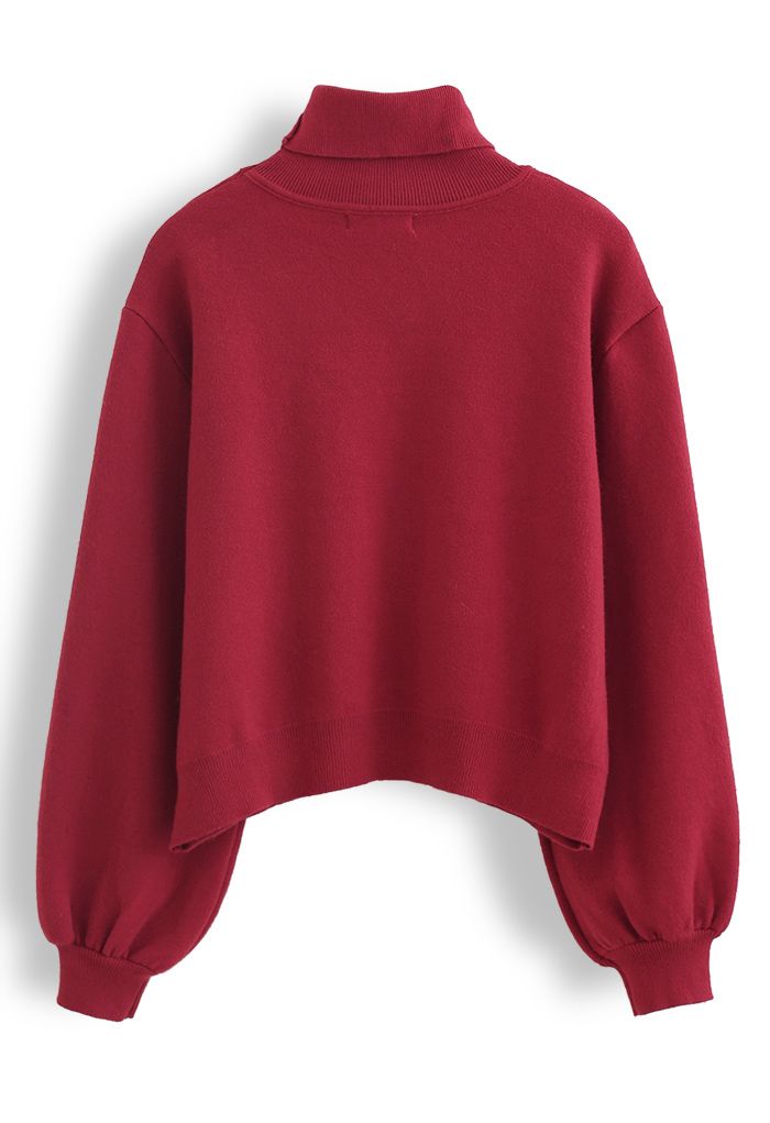 Embroidered Heart High Neck Knit Sweater in Red