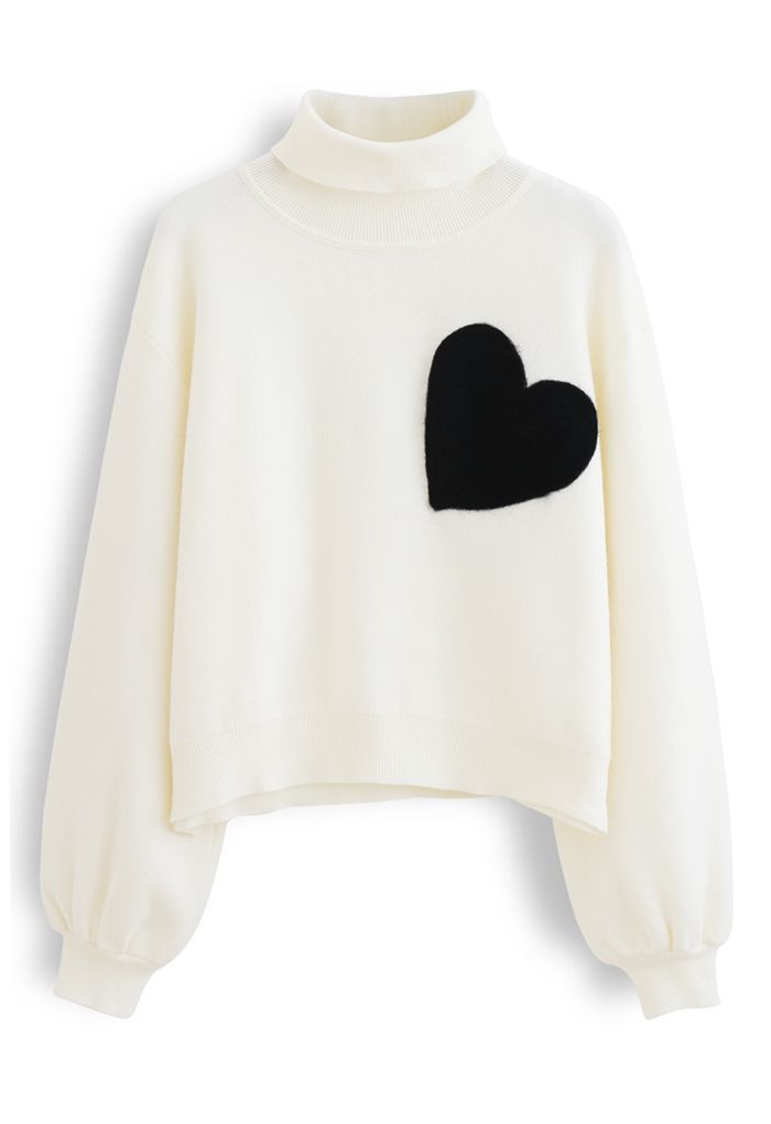 Embroidered Heart High Neck Knit Sweater in Ivory