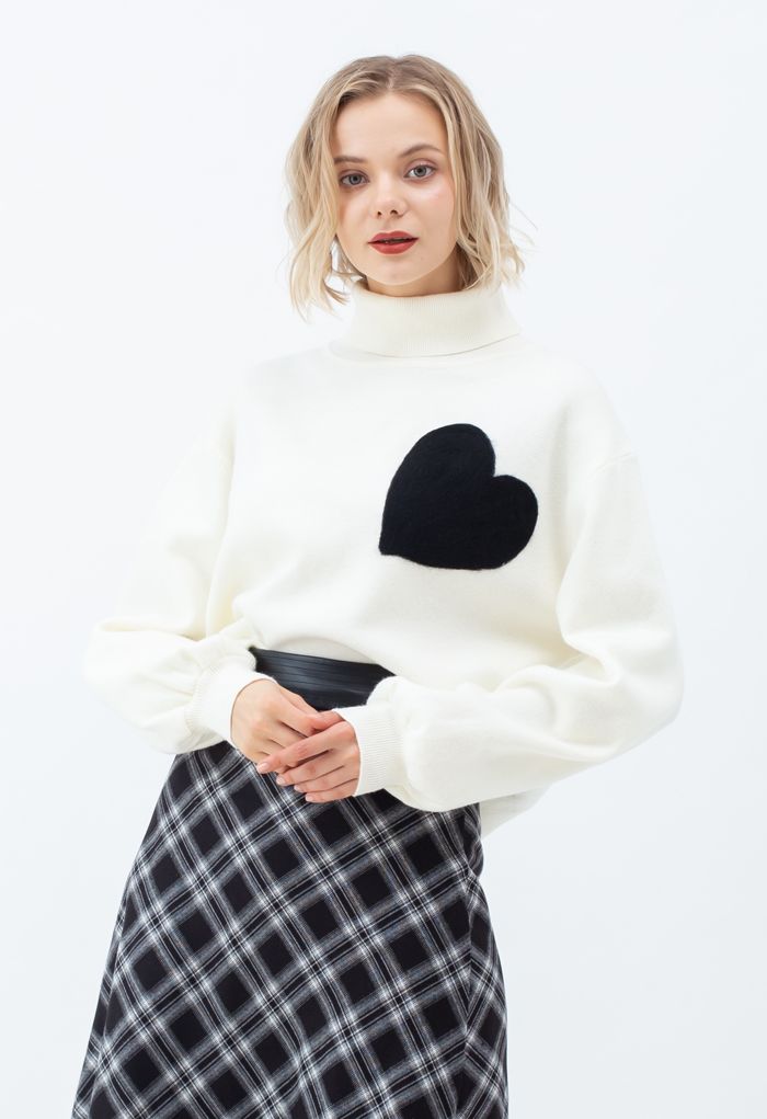 Embroidered Heart High Neck Knit Sweater in Ivory