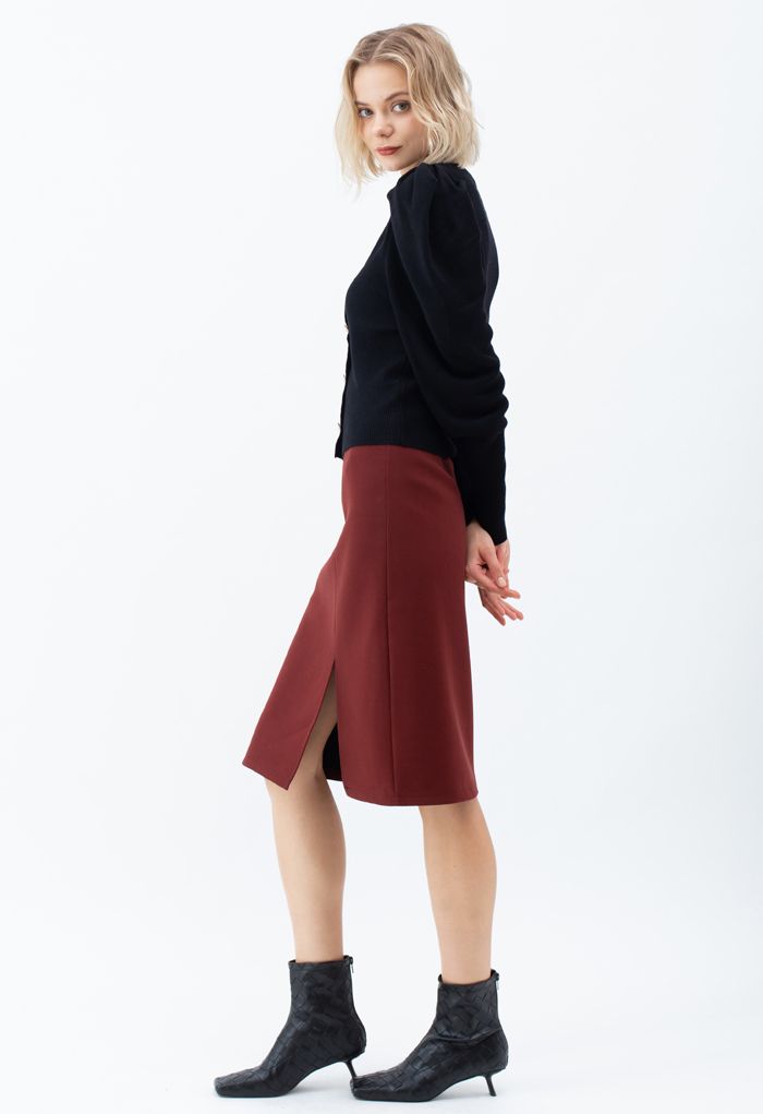 Side Slit Midi Pencil Skirt in Red