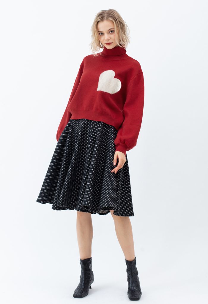 Embroidered Heart High Neck Knit Sweater in Red