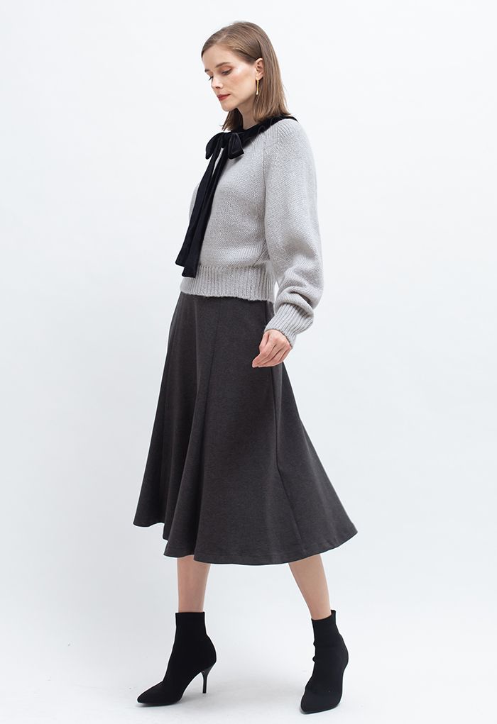 Buttoned Waist Wool-Blend Flare Skirt in Smoke