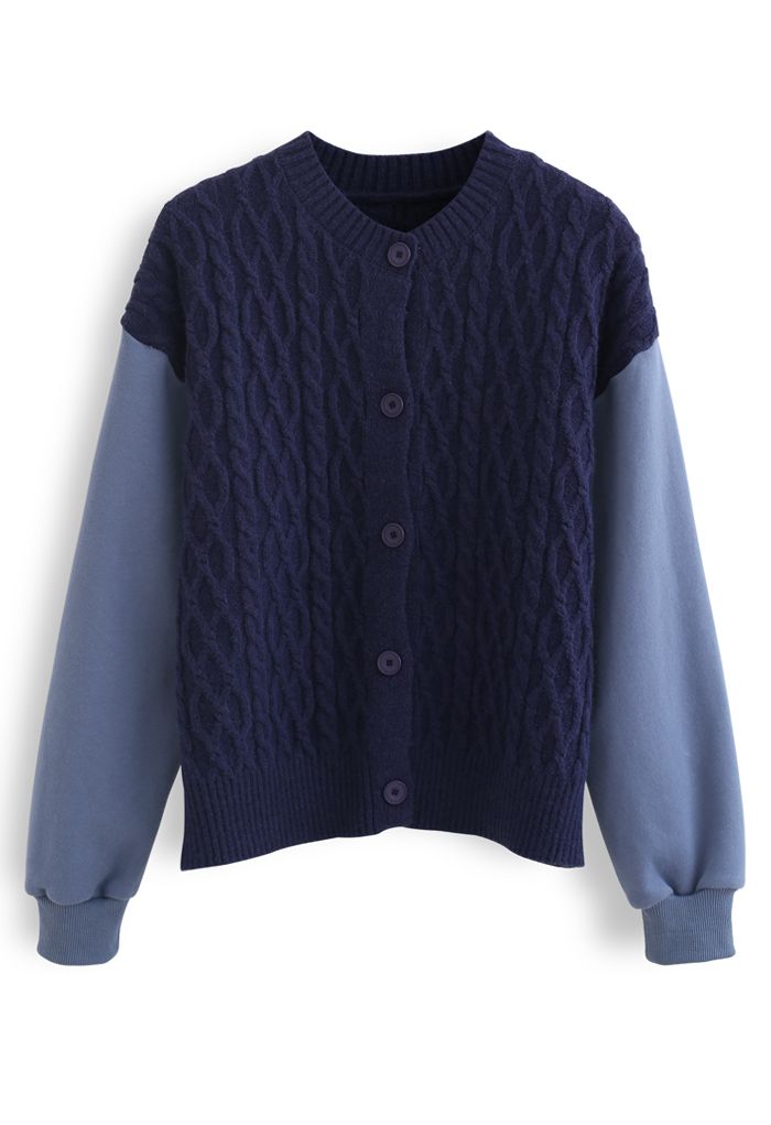 Braid Knit Spliced Sleeves Buttoned Cardigan in Navy