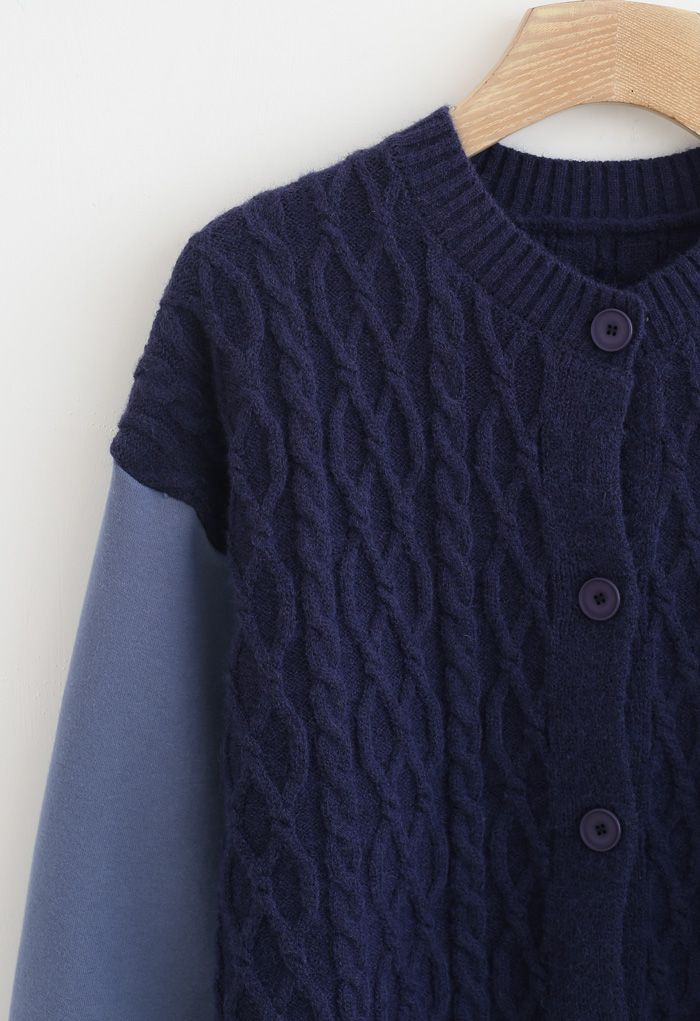 Braid Knit Spliced Sleeves Buttoned Cardigan in Navy