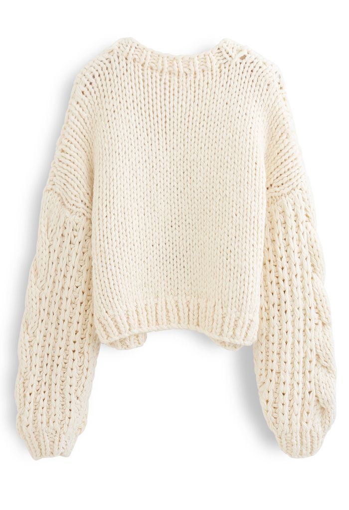 V-Neck Crop Hand-Knit Chunky Cardigan in Cream - Retro, Indie and