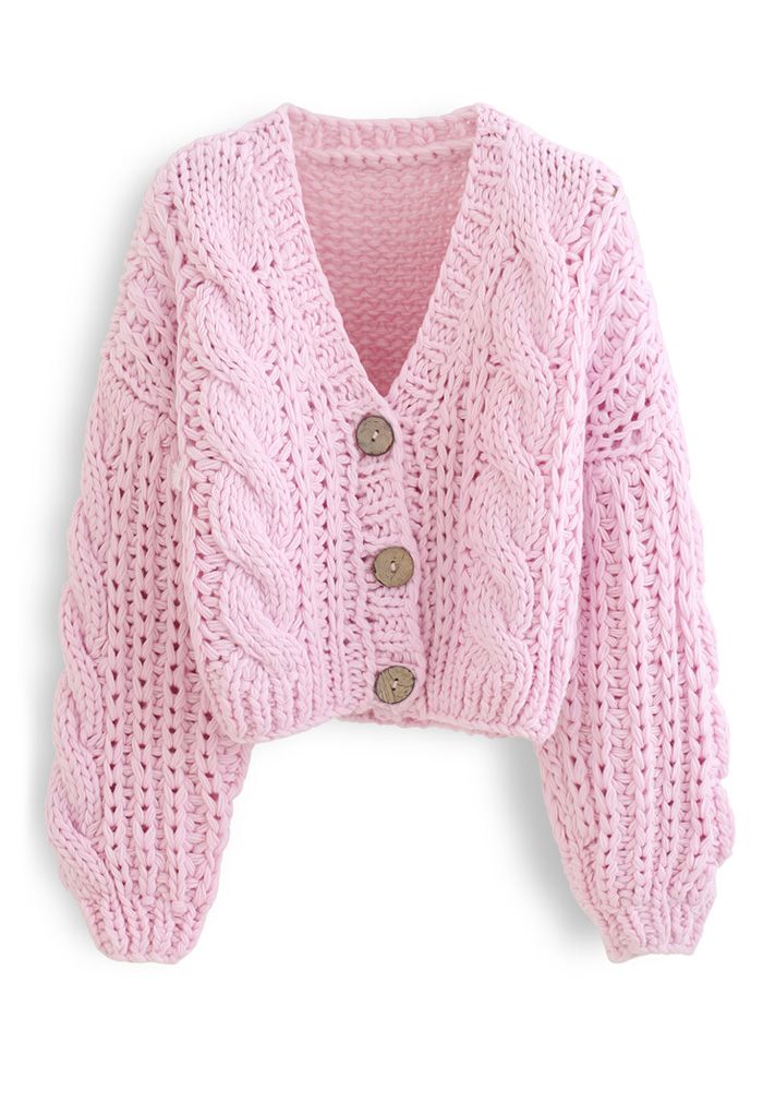V-Neck Crop Hand-Knit Chunky Cardigan in Pink - Retro, Indie and Unique ...
