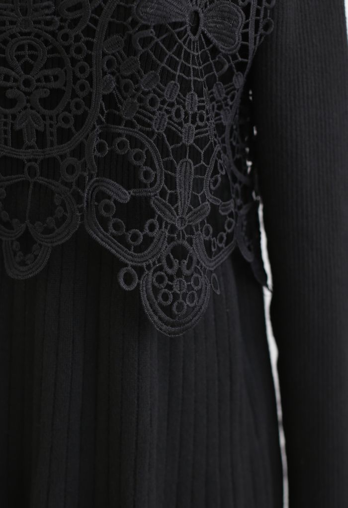 Crochet Mock Neck Knit Twinset Dress in Black