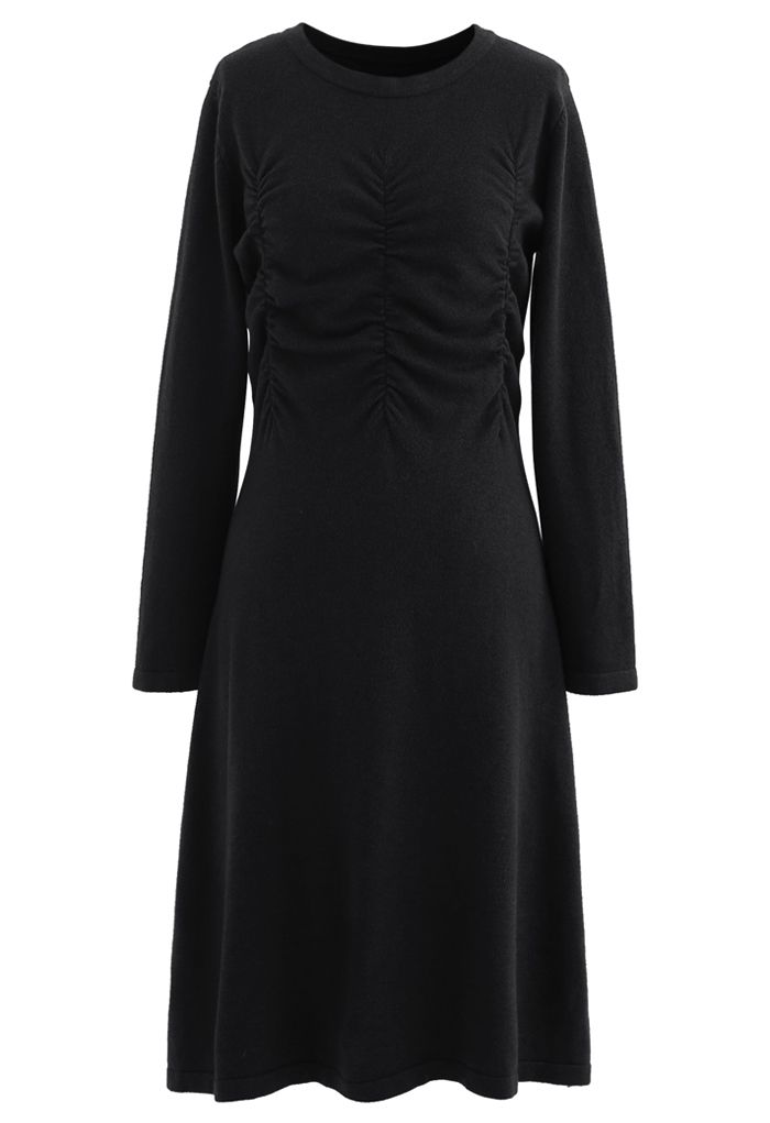 Ruched Front Flare Knit Midi Dress in Black