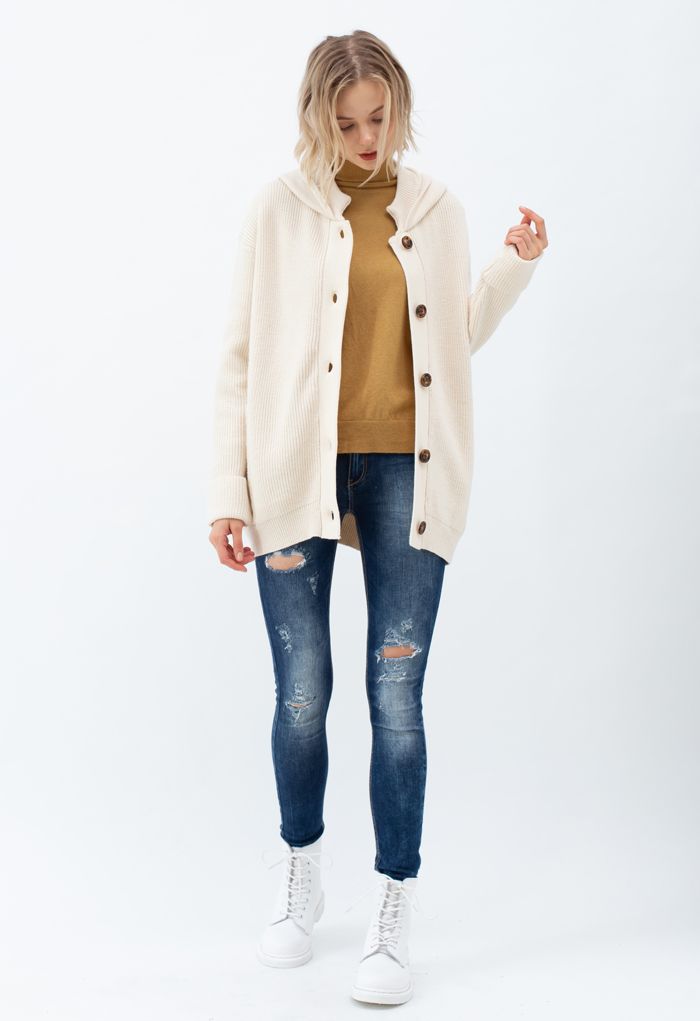 Ivory Soft Touch Buttoned Hooded Cardigan