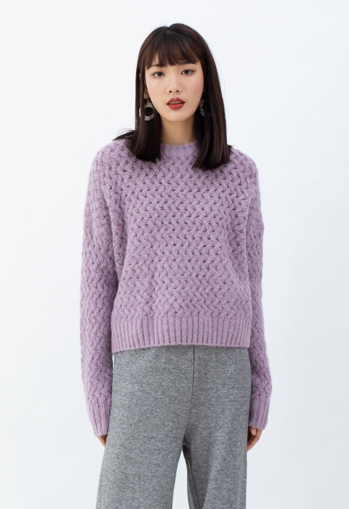 Crisscross Fuzzy Round Neck Sweater in Lilac