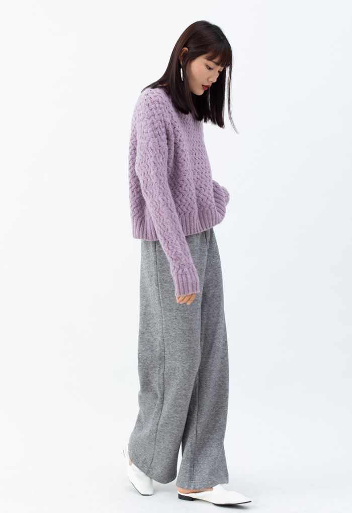Crisscross Fuzzy Round Neck Sweater in Lilac