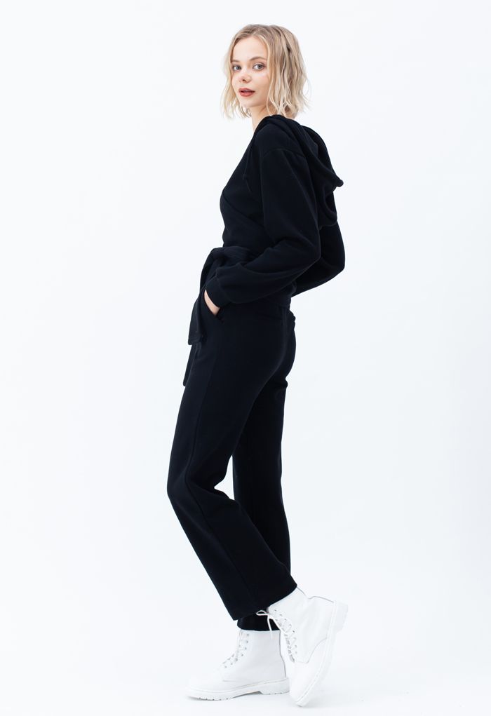 Wrap Bowknot Hoodie and Straight Leg Pants Set in Black
