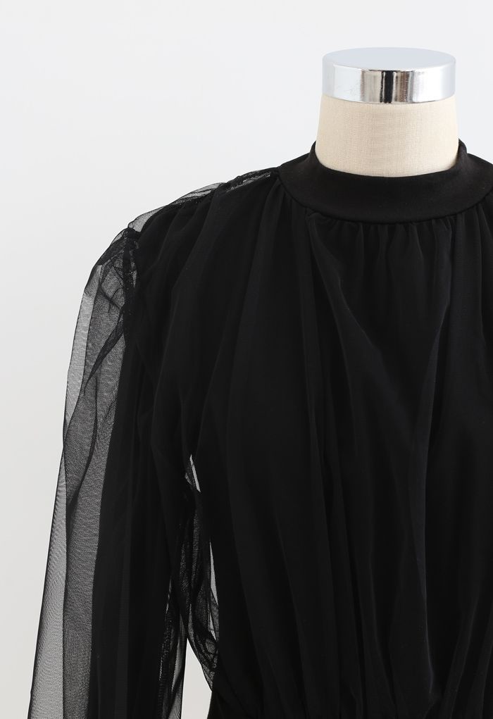 Sheer Mesh Overlay Ribbed Knit Top in Black