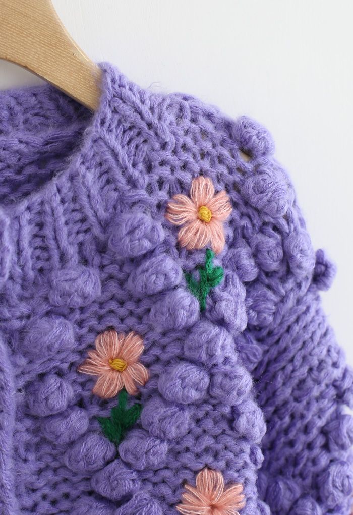 Stitch Floral Diamond Pom-Pom Hand Knit Cardigan in Purple 