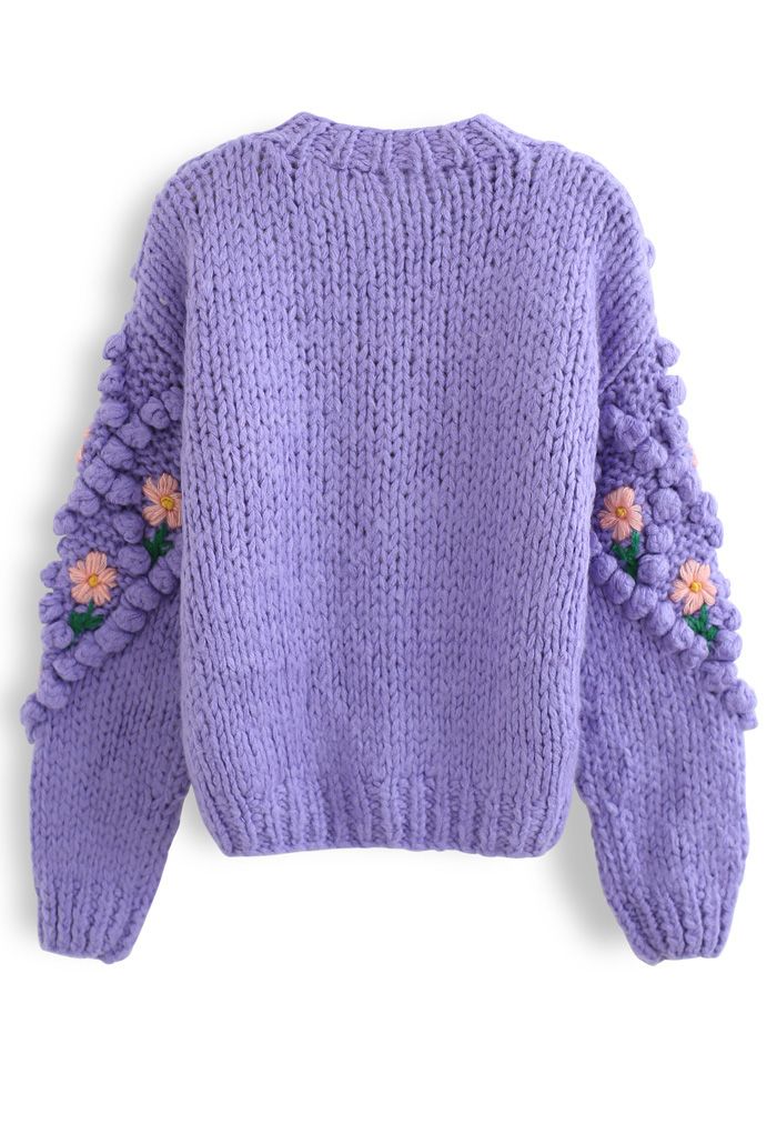 Stitch Floral Diamond Pom-Pom Hand Knit Cardigan in Purple 