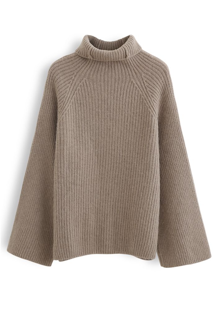 Bell Sleeves Turtleneck Knit Sweater in Brown