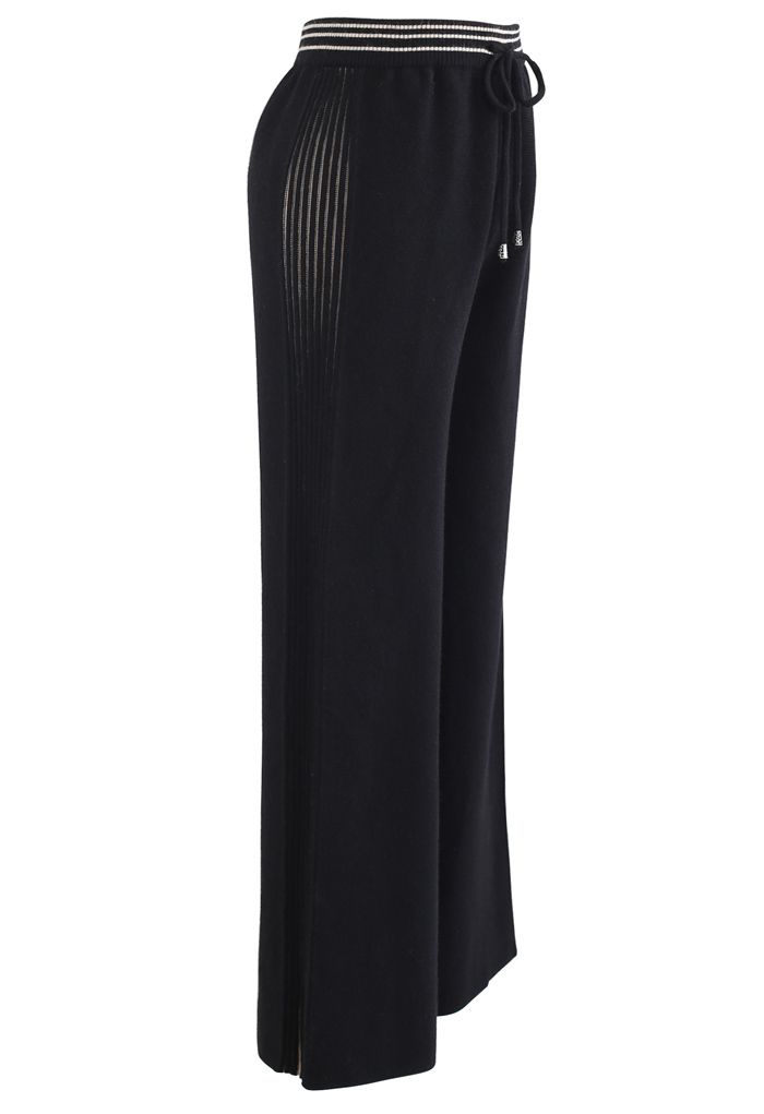Contrasted Side Drawstring Rib Knit Pants in Black