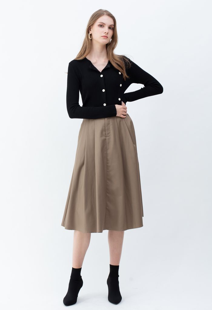 Button Pocket Pleated Flare Midi Skirt