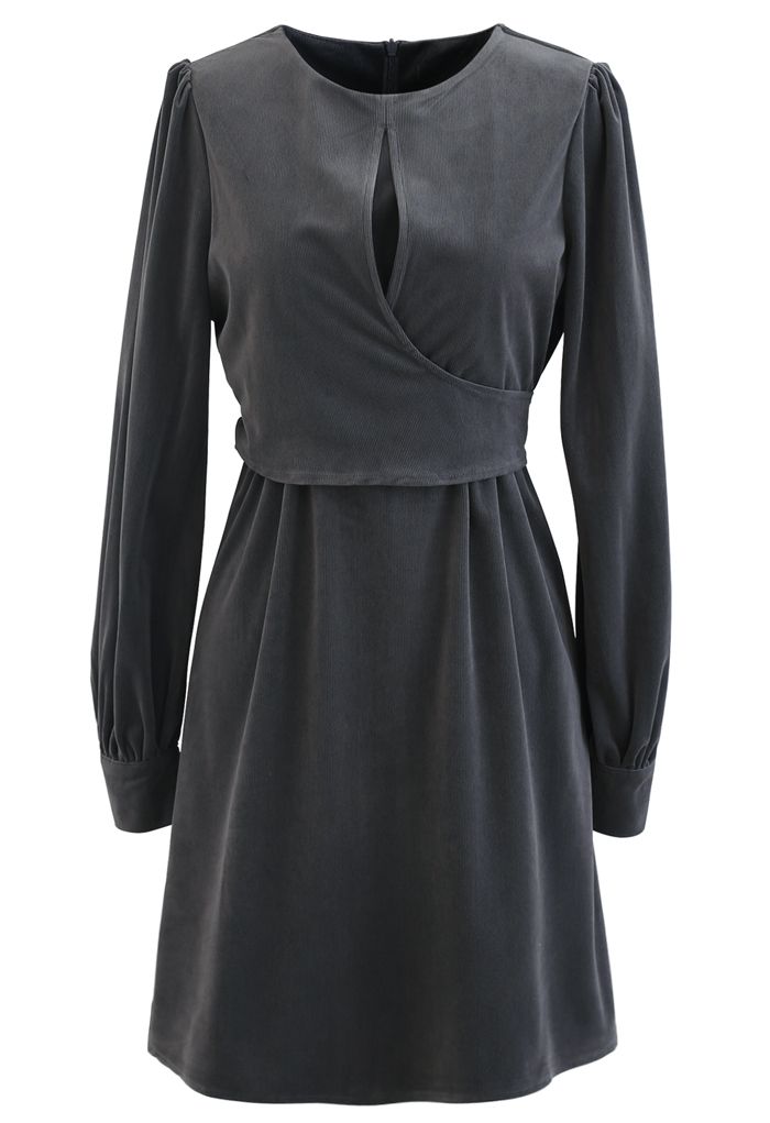 Corduroy Wrap Long Sleeves Mini Dress in Grey