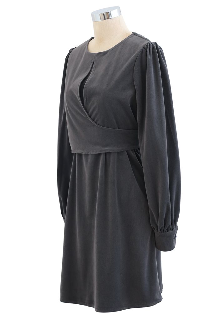 Corduroy Wrap Long Sleeves Mini Dress in Grey