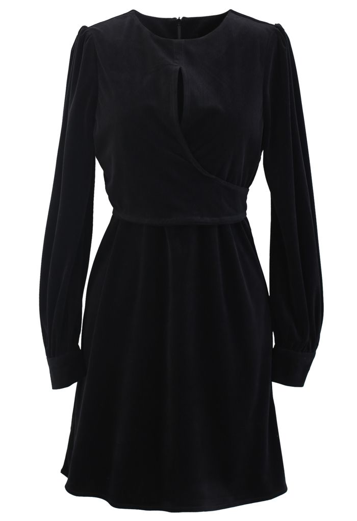 Corduroy Wrap Long Sleeves Mini Dress in Black