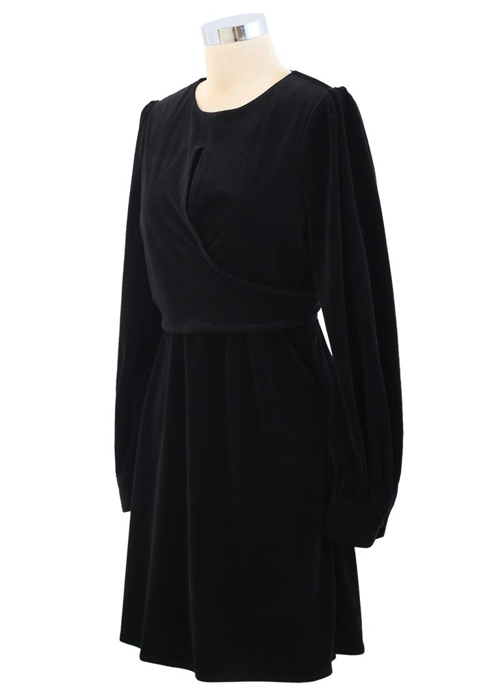 Corduroy Wrap Long Sleeves Mini Dress in Black