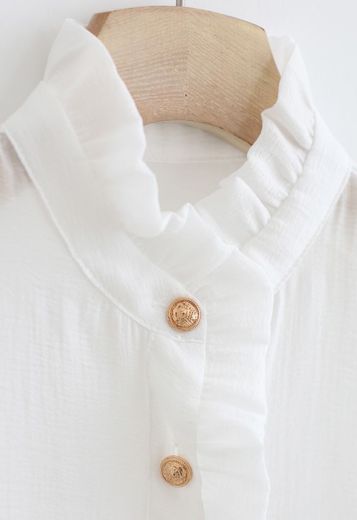 Ruffle Detail Button Down Shirt in White