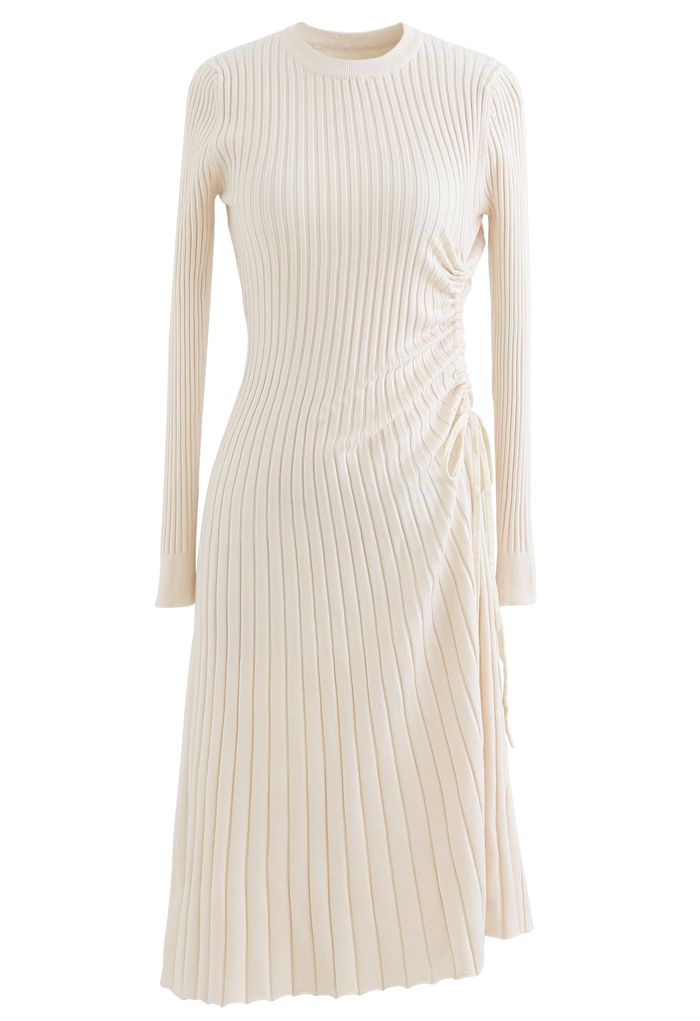 Side Drawstring Ribbed Knit Midi Dress in Ivory - Retro, Indie and ...