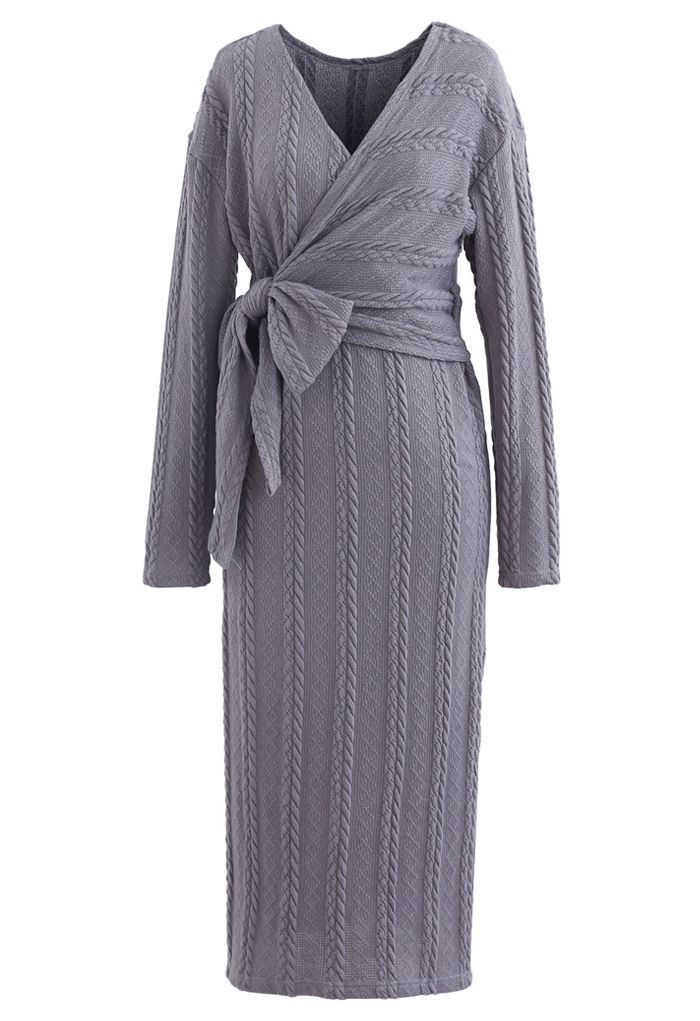 Braid Embossed Wrap Bowknot Slit Knit Dress in Grey
