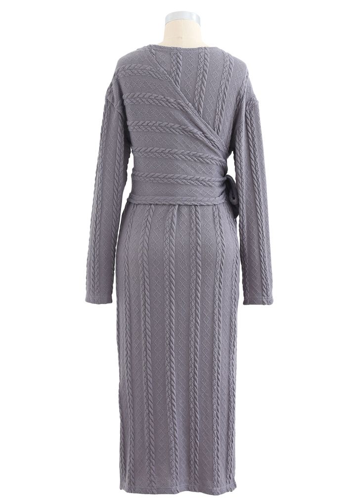 Braid Embossed Wrap Bowknot Slit Knit Dress in Grey