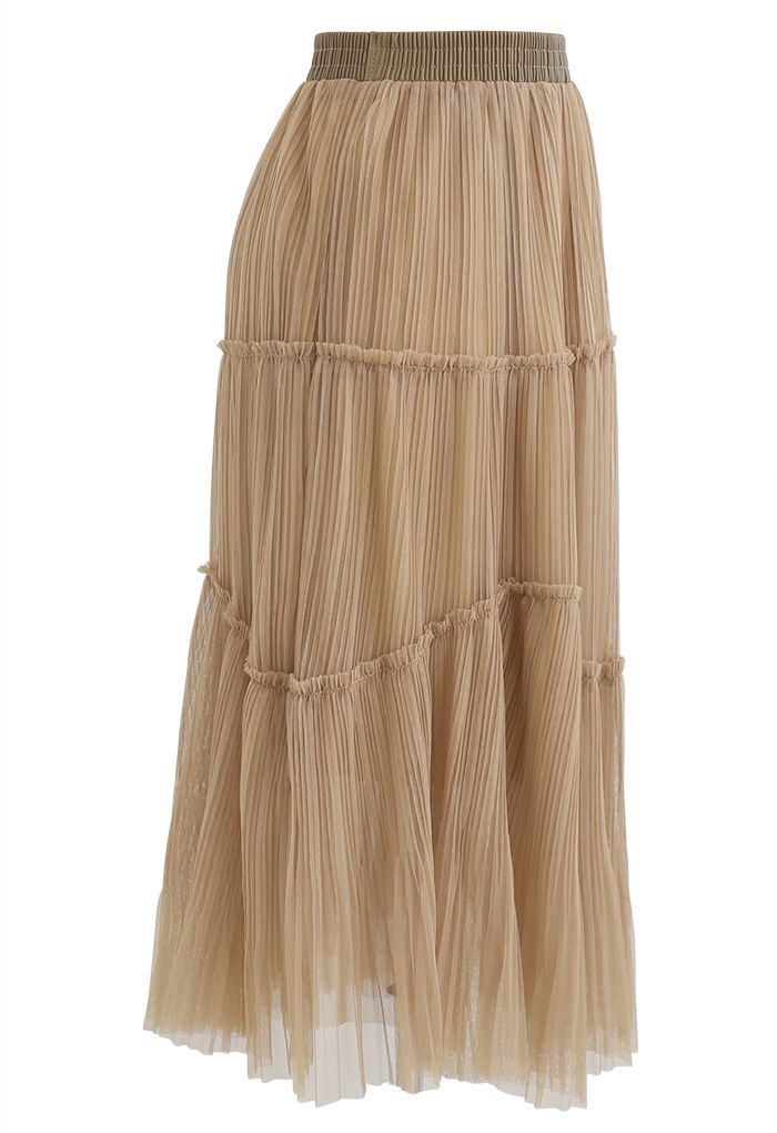Soft Mesh Ruffle Detail Pleated Skirt in Light Tan