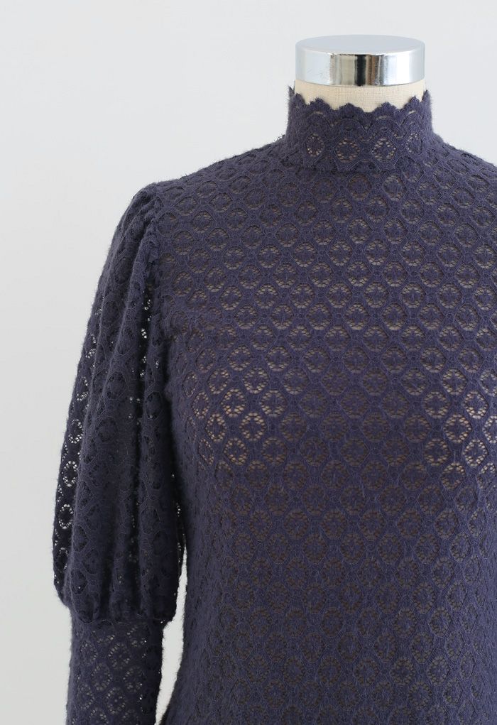Full Lace Puff Sleeves Top in Navy