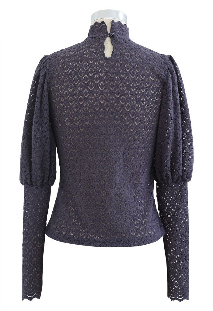 Full Lace Puff Sleeves Top in Navy