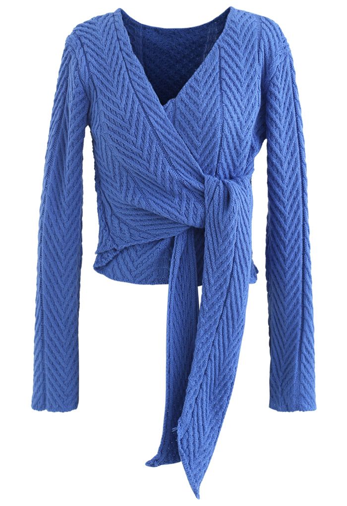 Plunging Wrap Tie Crop Knit Sweater in Blue
