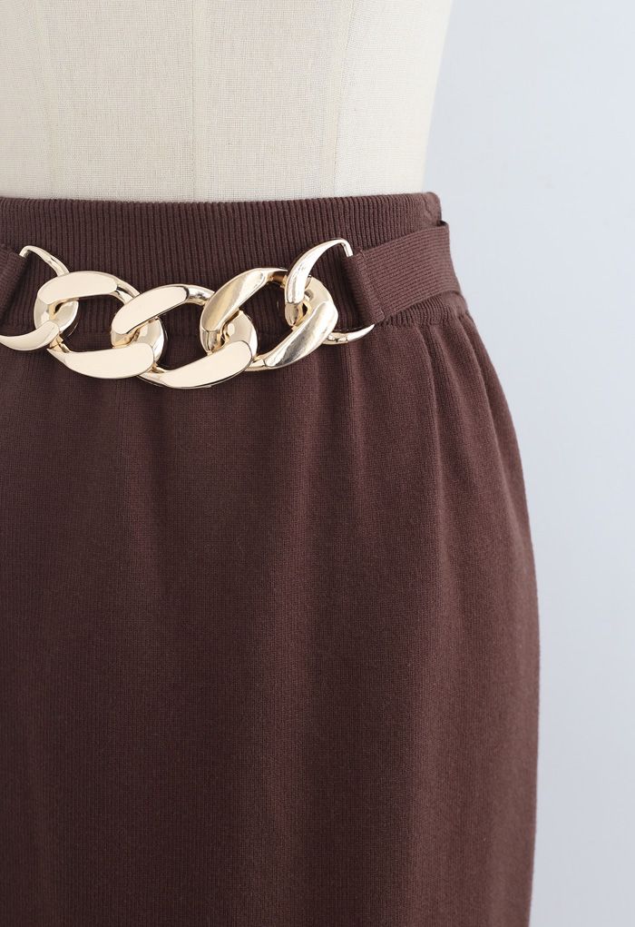 Golden Chain Waist Slit Pencil Knit Skirt in Brown