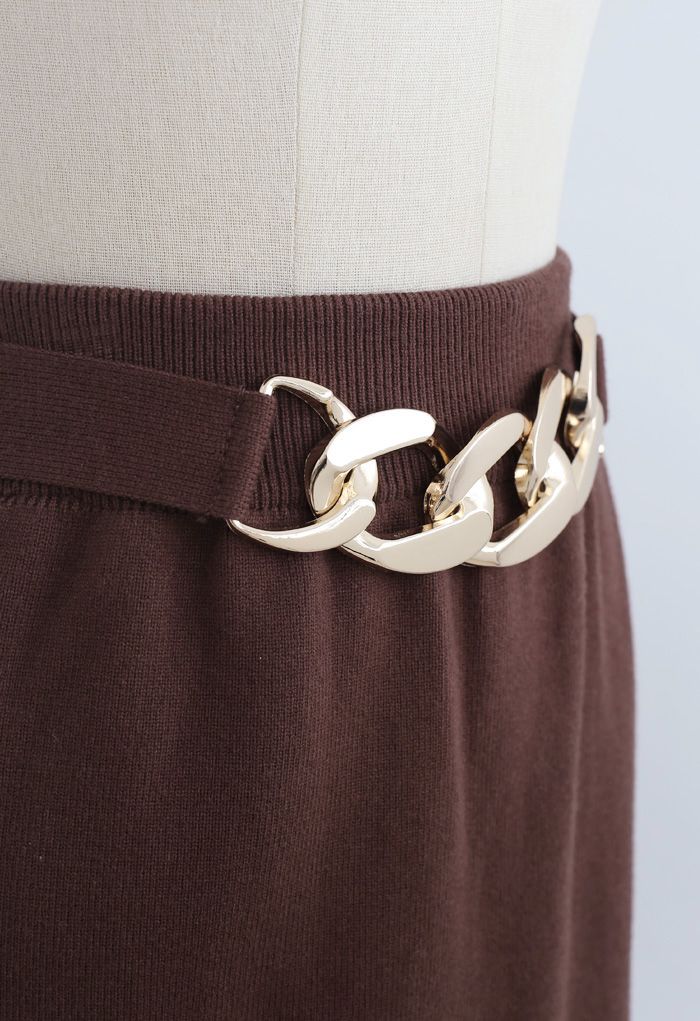 Golden Chain Waist Slit Pencil Knit Skirt in Brown
