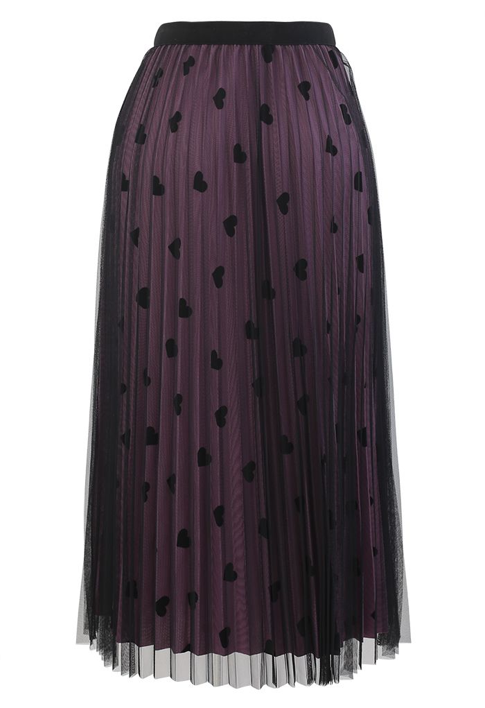Mesh Overlay Heart Print Pleated Skirt in Violet