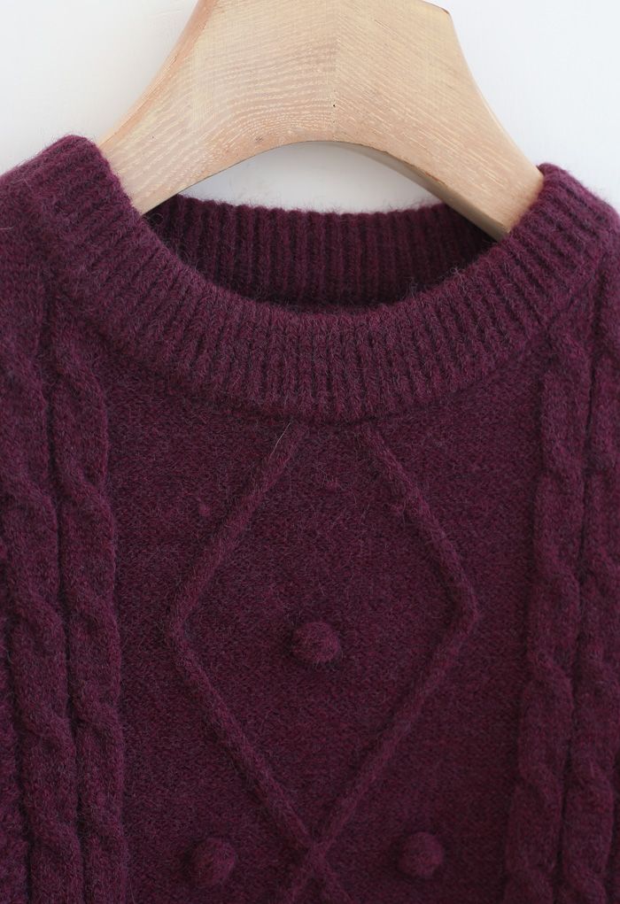 Textured Cable Knit Sweater in Plum