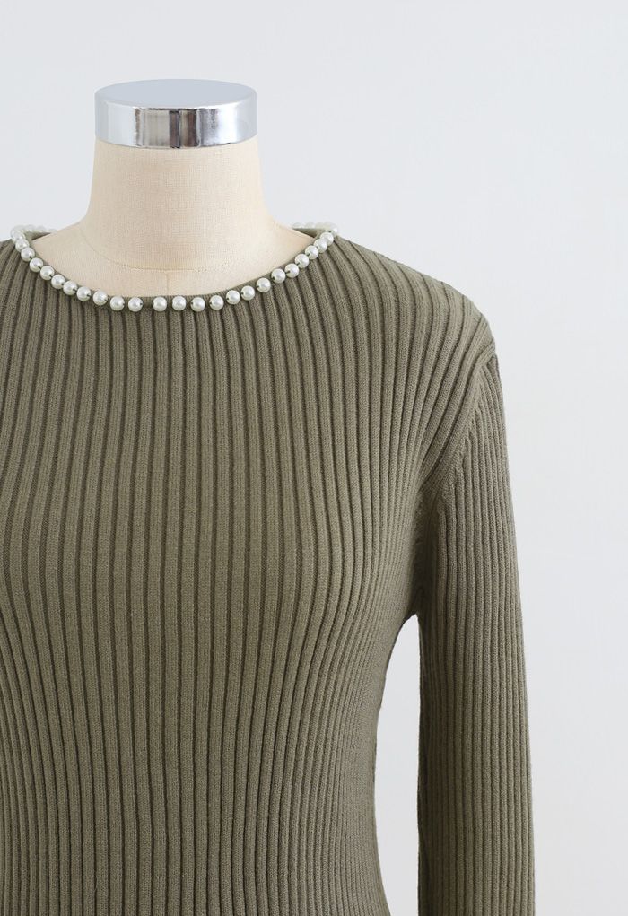 Pearl Neck Ribbed Hi-Lo Knit Sweater in Olive