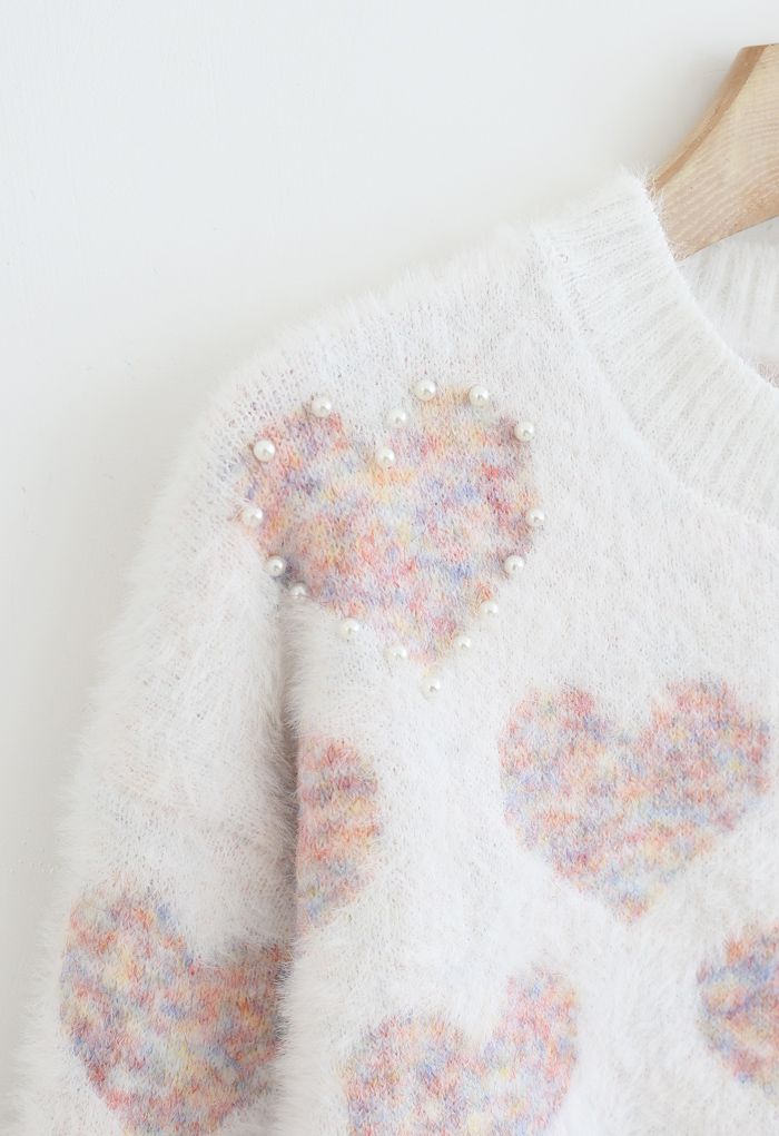 Fuzzy Pink Heart Pearl Trim Knit Sweater