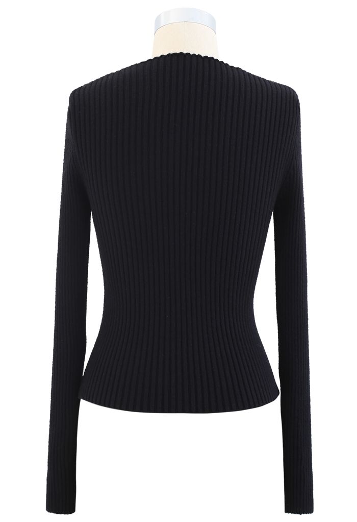 V-Neck Fitted Knit Top in Black