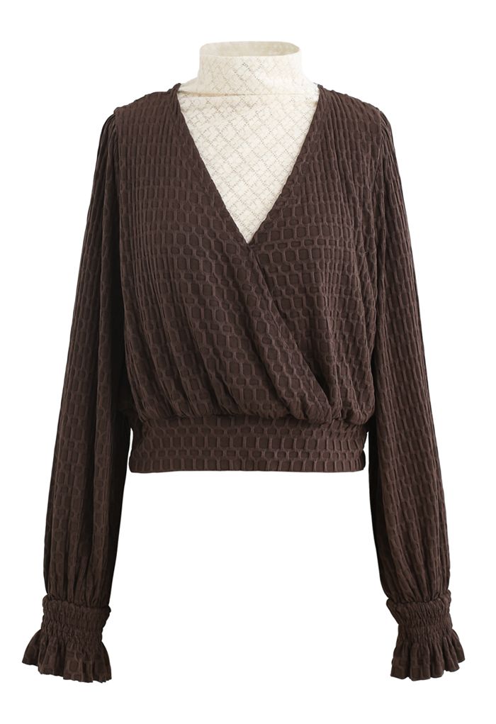 Lace Spliced Embossed Wrap Top in Brown