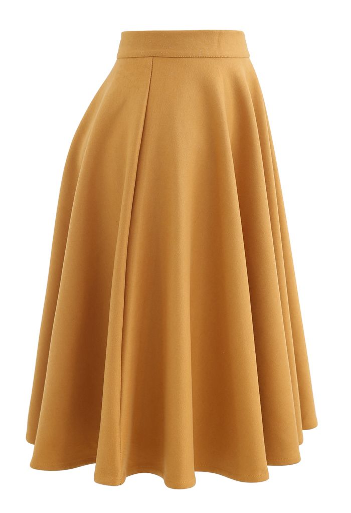 High Waisted Wool-Blend Flare Skirt in Mustard
