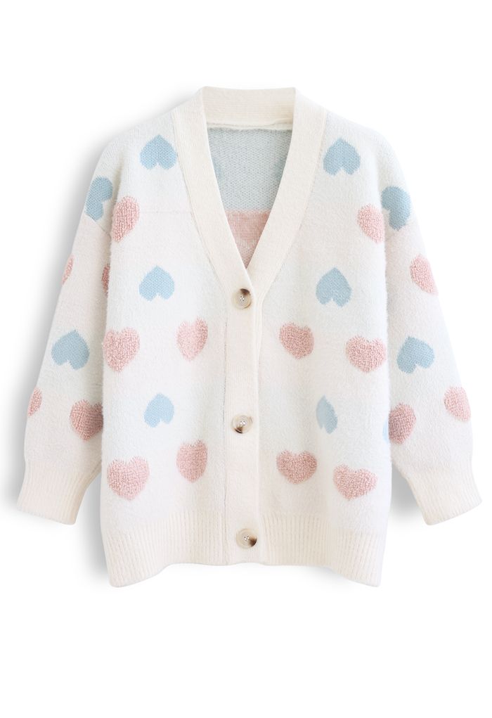 Button Down Heart Fuzzy Knit Cardigan in Ivory