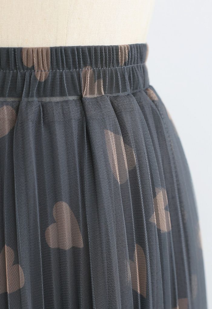 Heart Print Double-Layered Mesh Tulle Skirt in Grey