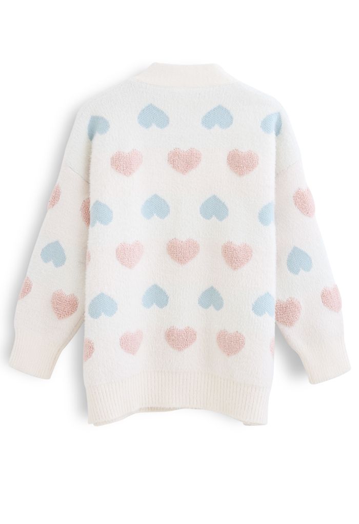 Button Down Heart Fuzzy Knit Cardigan in Ivory