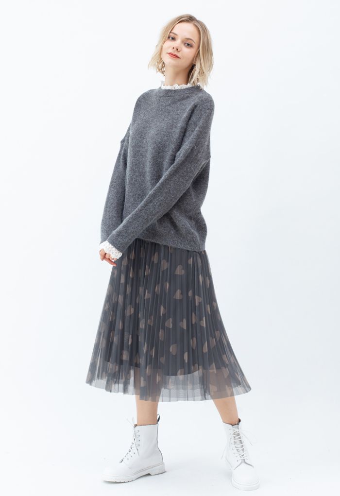 Heart Print Double-Layered Mesh Tulle Skirt in Grey