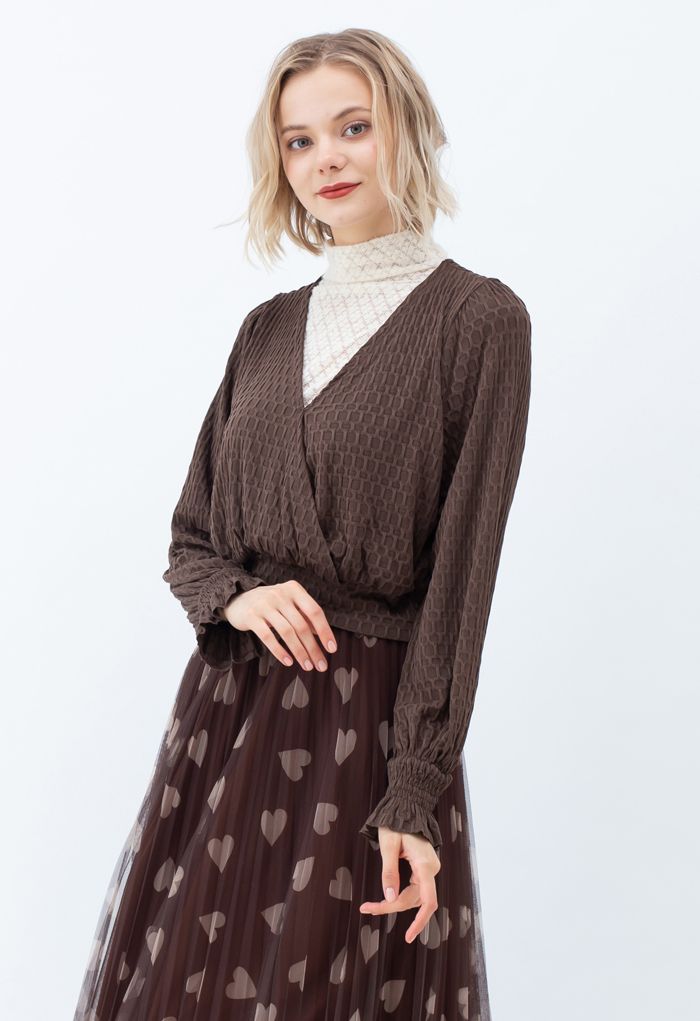 Lace Spliced Embossed Wrap Top in Brown
