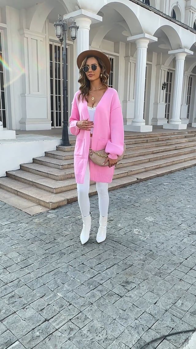Casual Open Front Oversized Knit Cardigan with Pockets in Pink