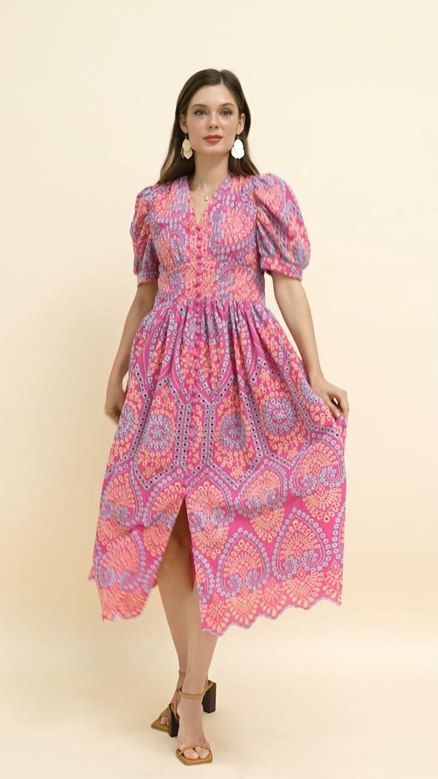 Exotic Garden Cutwork Embroidery Midi Dress